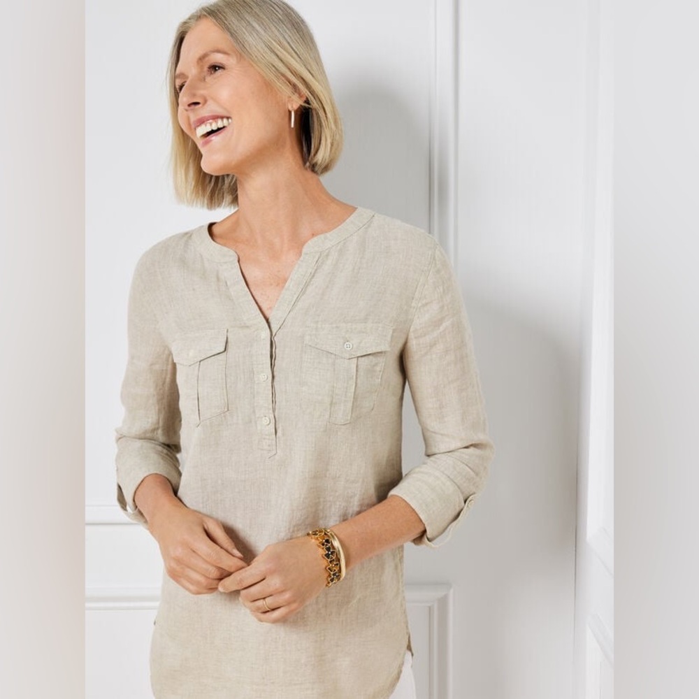 Talbots Linen Band Collar Popover